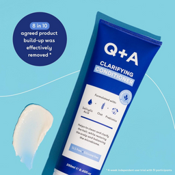 Q+A Clarifying Conditioner tube with a sample on a blue background