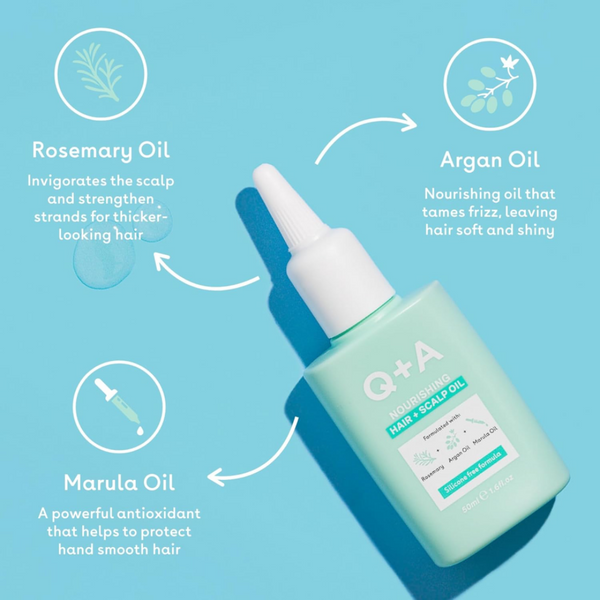Q+A hair scalp oil bottle with ingredients on a blue background