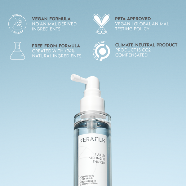 Kerastilk hair serum bottle with sustainability features on a light blue background