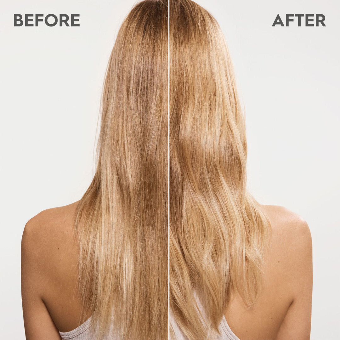 Before and after comparison of blonde hair on a plain background