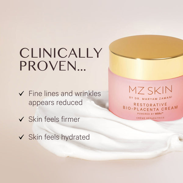 A pink cosmetic jar with a gold lid labeled MZ SKIN Restorative Bio-Placenta Cream, placed on white cream against a soft beige background with marketing text reading 'Clinically Proven.