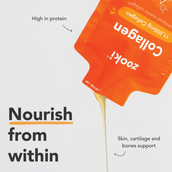 An orange Zooki Collagen pouch tilted on a light gray background with text callouts reading 'High in protein' and 'Skin, cartilage and bones support'. A stream of pale yellow collagen liquid drips from the pouch.