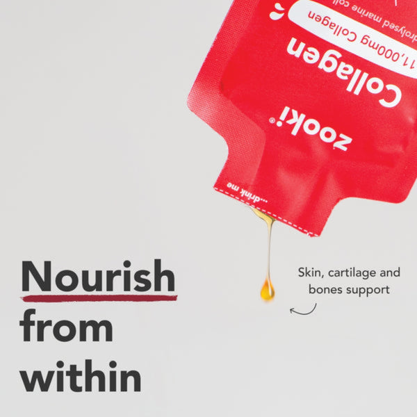 A red Zooki Collagen supplement pouch shown tilted as if pouring, with a small drop of golden liquid dripping below. Large text on the left reads 'Nourish from within,' and smaller text on the right says 'Skin, cartilage and bones support.