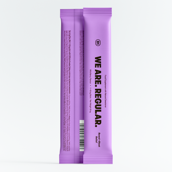 Two purple packets with 'WE ARE REGULAR' text on a white background