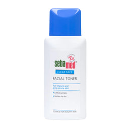 Sebamed facial toner bottle with blue cap on a white background