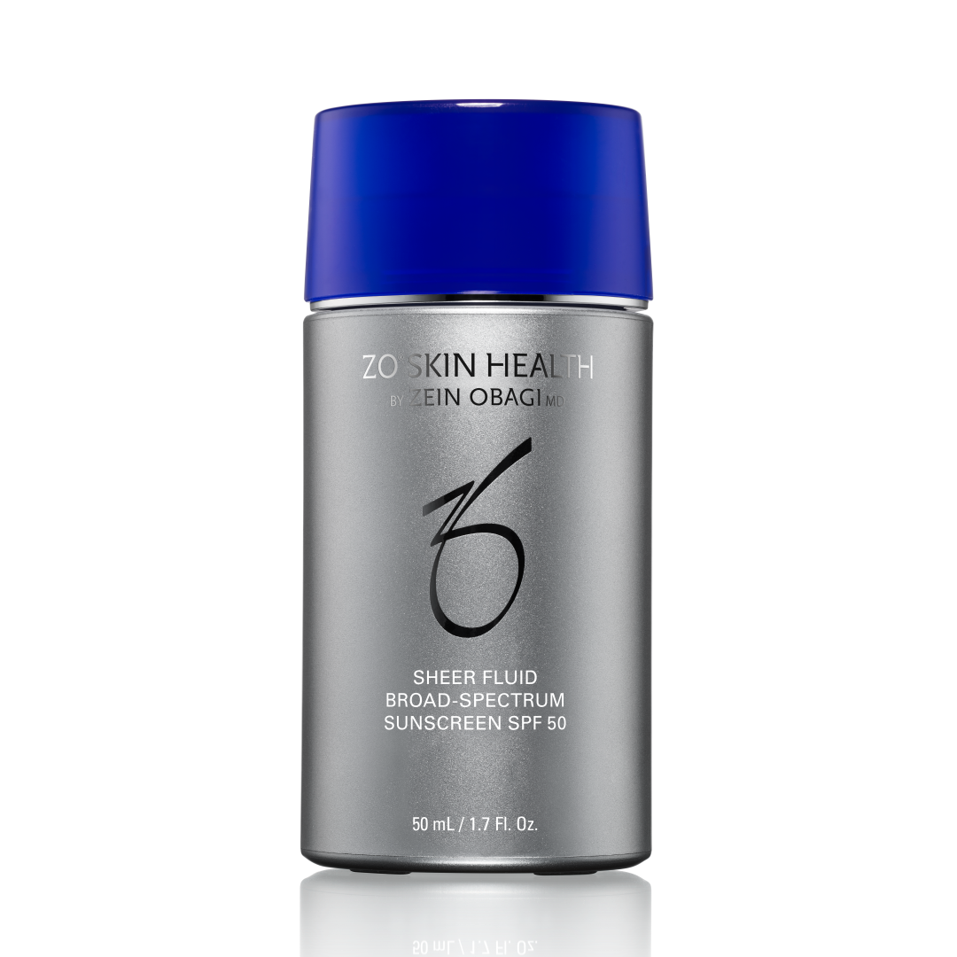 Zois Skin Health Klein Obagi Sheer Fluid Broad Spectrum sunscreen SPF 50 in a 50 mL silver bottle with a vibrant blue cap, shown on a white background with a soft reflection.