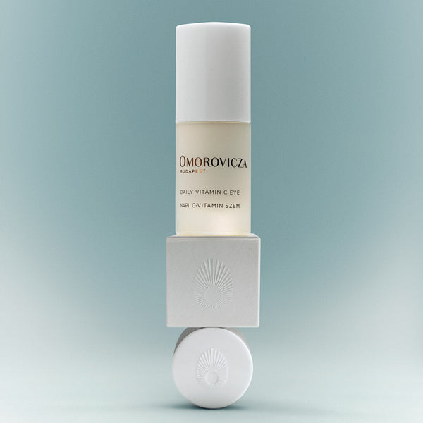 Omorovicza skincare bottle on a light blue background