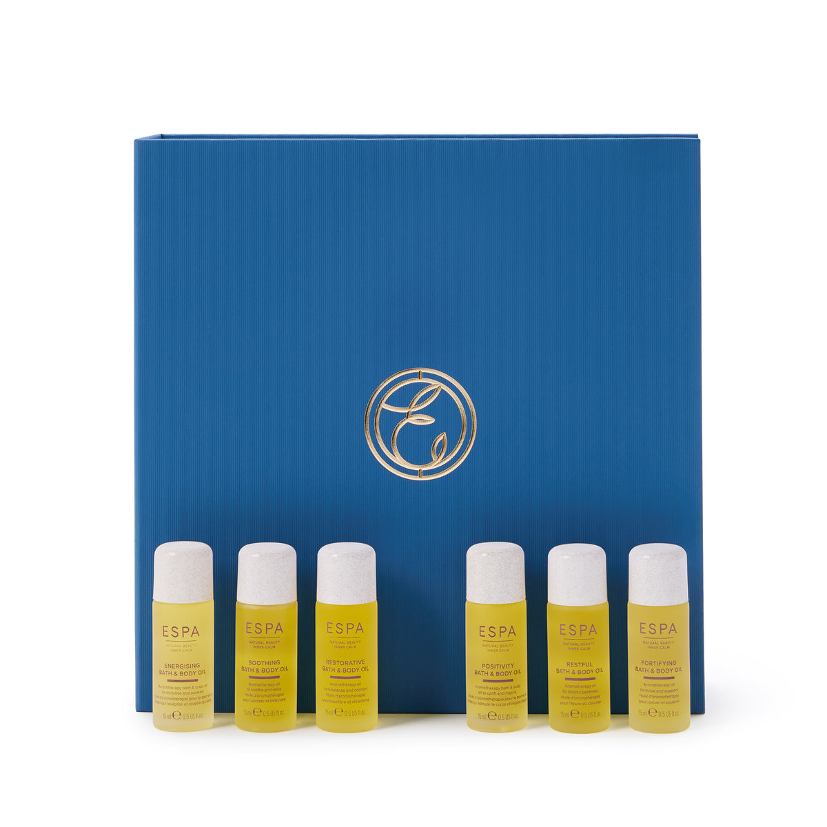 Set of ESPA skincare products in front of a blue box with the brand logo.