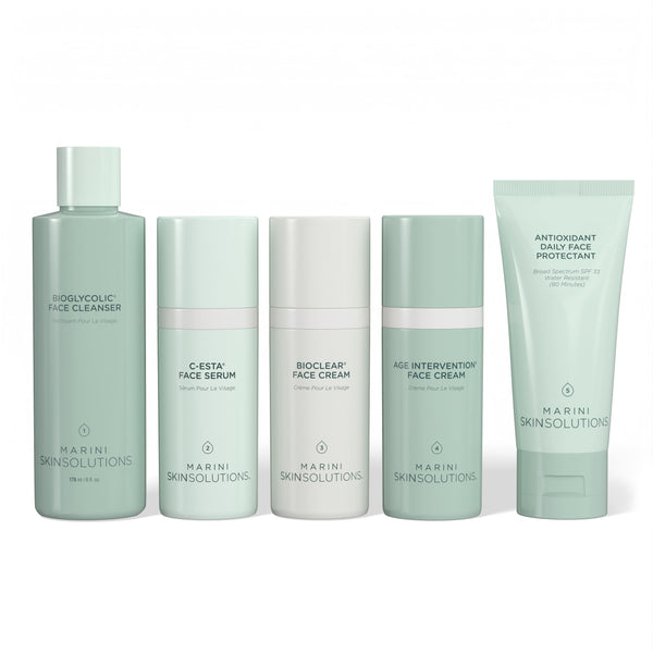 Set of skincare products from Marini Skinsolutions on a white background