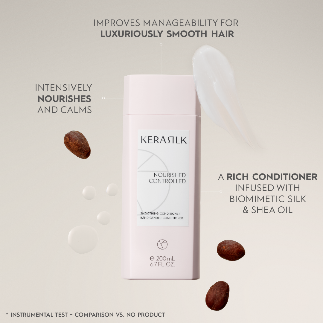 Kerasilk conditioner bottle with text highlighting benefits on a light gray background