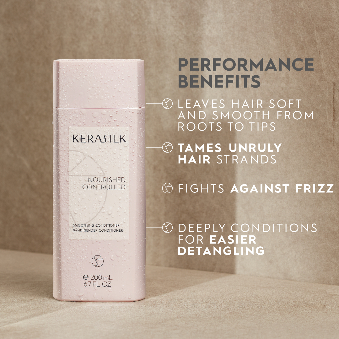 Kerasilk hair product with performance benefits listed on a textured background