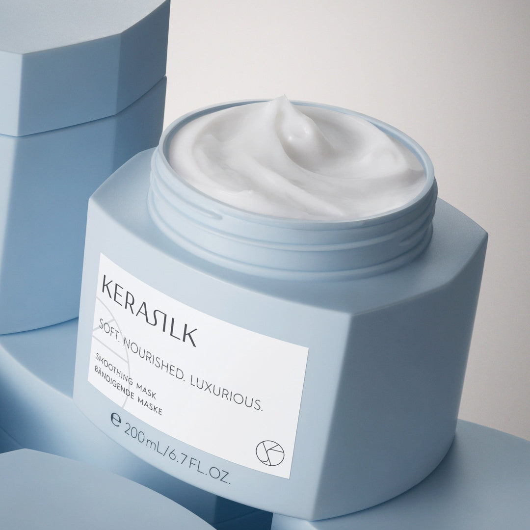 Kerasilk hair mask jar with white cream on a light gray background