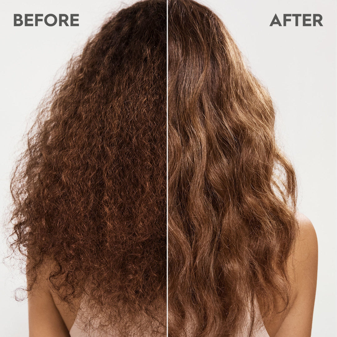 Before and after comparison of wavy hair with a neutral background