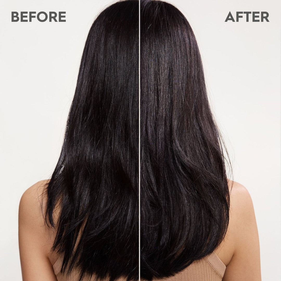 Before and after comparison of long black hair on a plain background
