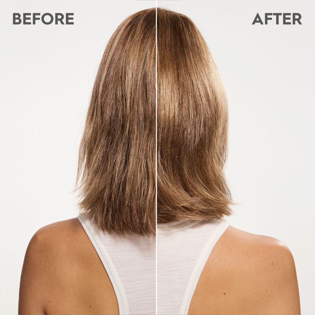 Before and after comparison of a woman's hair with a white background