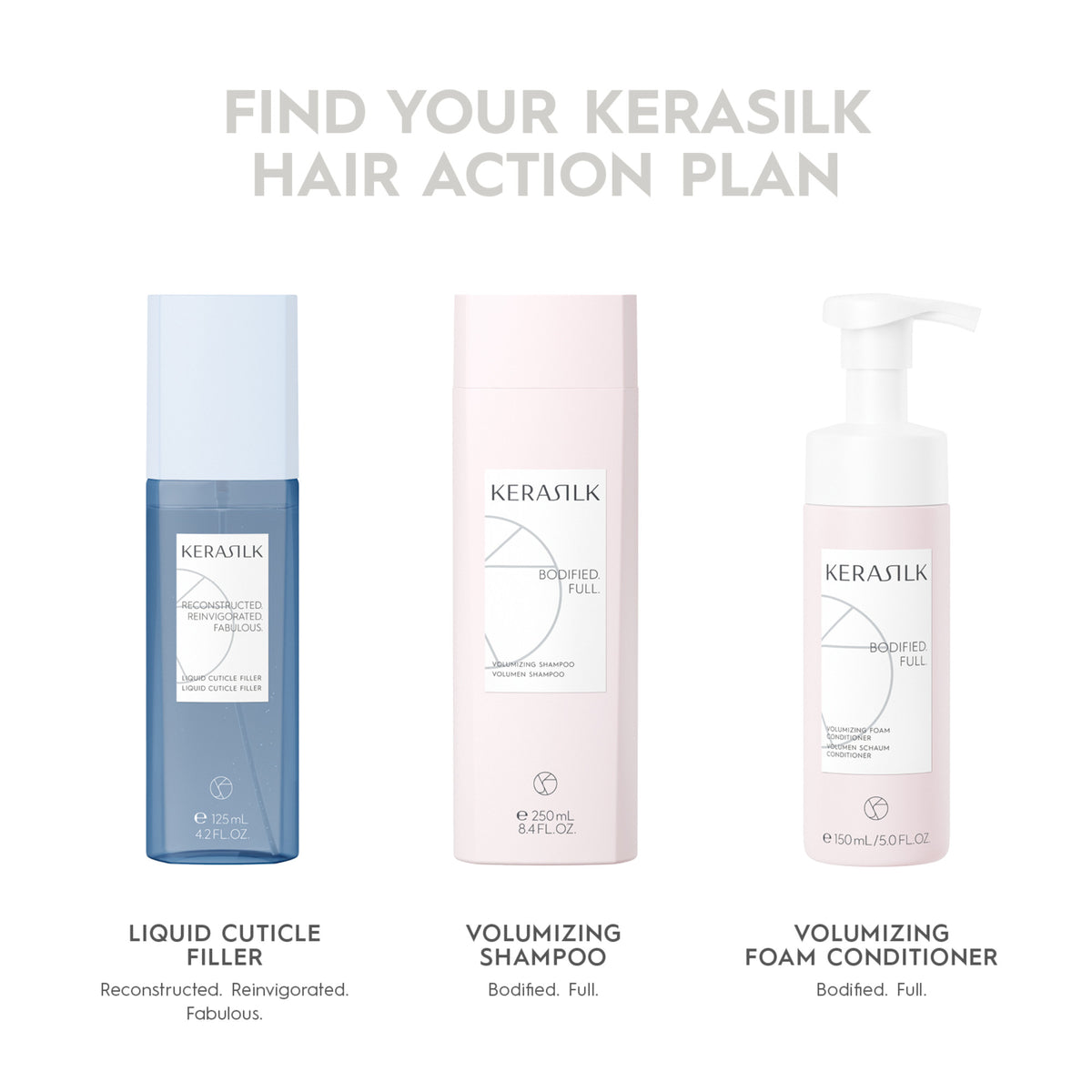 Kerasilk hair care products including Liquid Cuticle Filler, Volumizing Shampoo, and Volumizing Foam Conditioner on a white background.