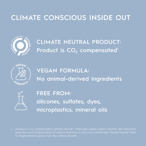 Product label with climate conscious features on a blue background
