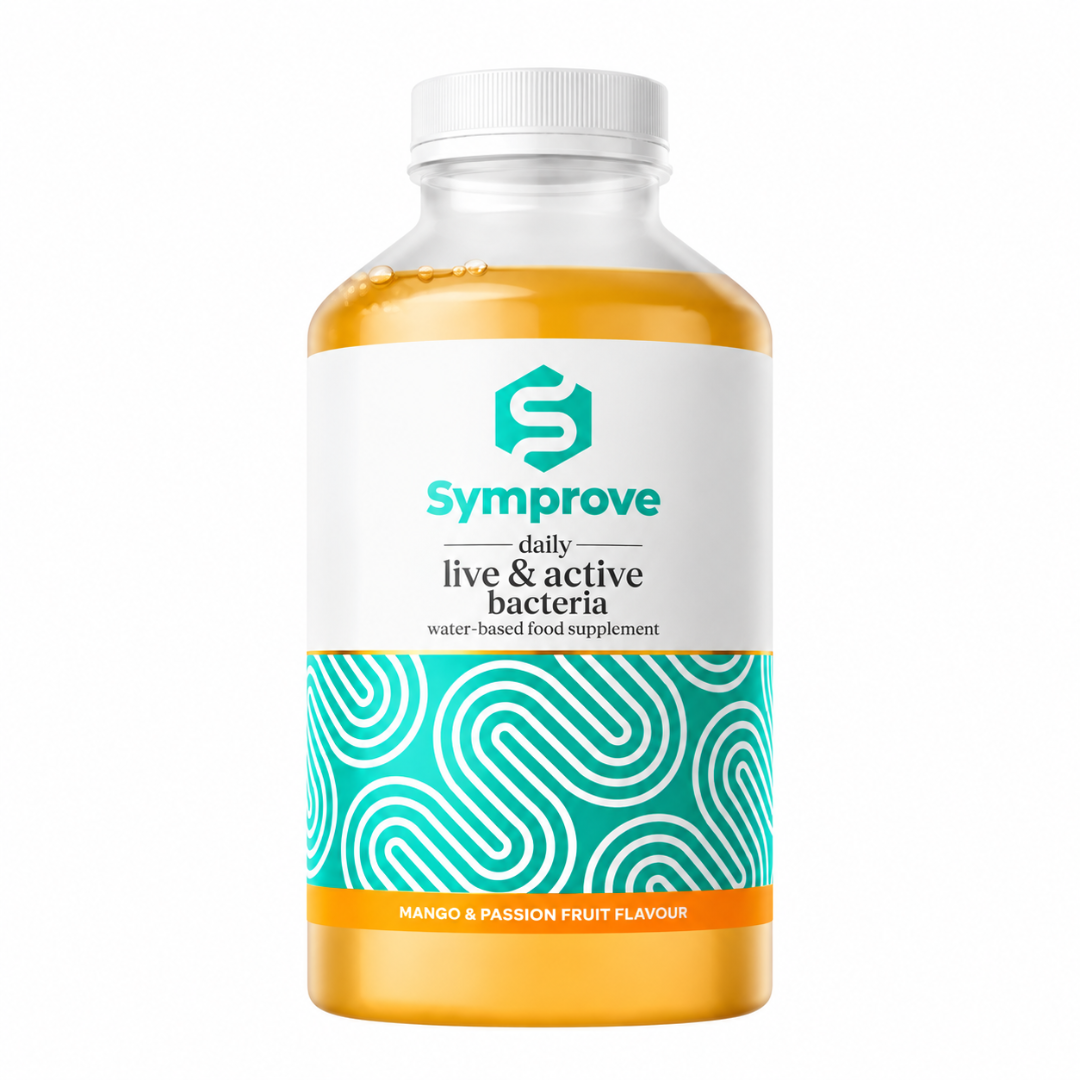 A bottle of Symprove daily live & active bacteria water-based food supplement in Mango & Passion Fruit flavour. The bottle is made of clear plastic showing the golden-yellow liquid inside, with a white cap and a white label featuring a teal and orange pattern.