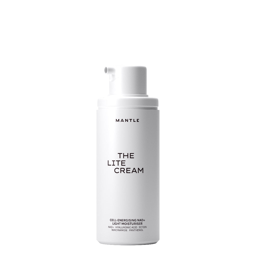 A white pump bottle of MANTLE The Lite Cream light moisturizer on a solid white background.