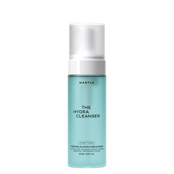 MANTLE The Hydra Cleanser hydrating jelly foam cleanser in a 100 ml glass bottle with a light aqua body, white pump, and white cap, set against a plain white background.