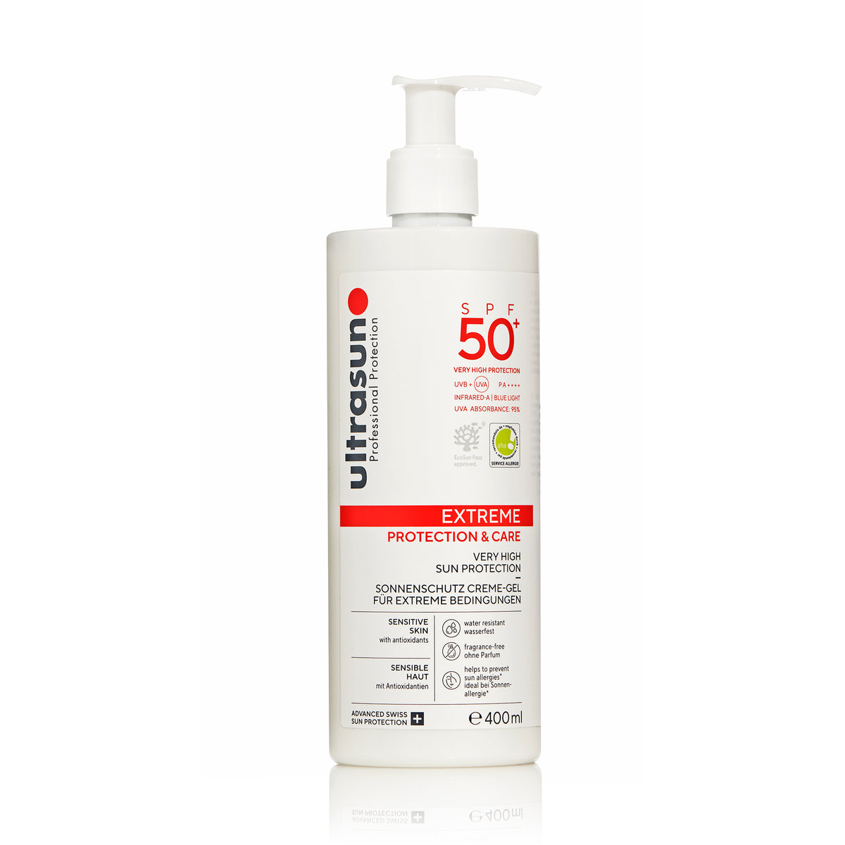 Ultrasun sunscreen bottle with pump on a white background