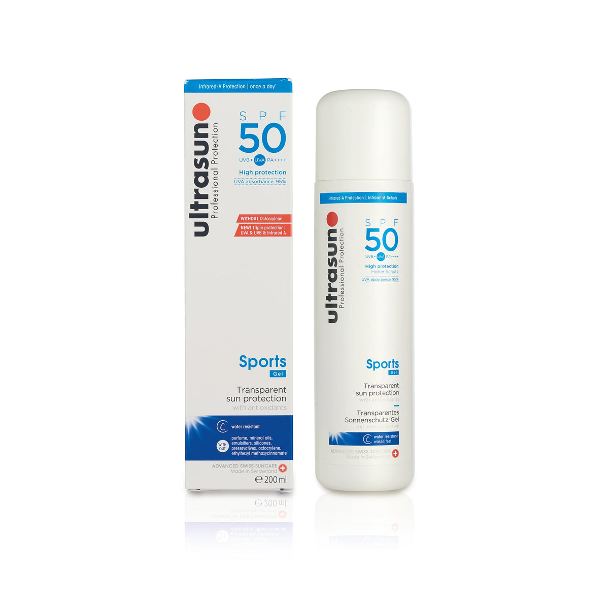 Two bottles of Ultrasun sports sunscreen with SPF 50 on a white background
