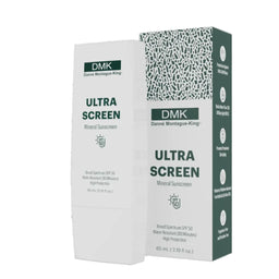 DMK Ultra Screen Mineral Sunscreen shown as a white and dark green retail box on a plain white background.