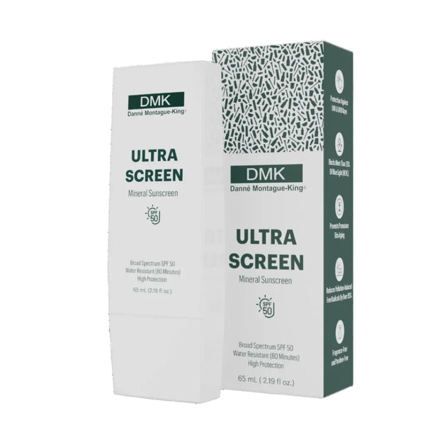 DMK Ultra Screen Mineral Sunscreen shown as a white and dark green retail box on a plain white background.
