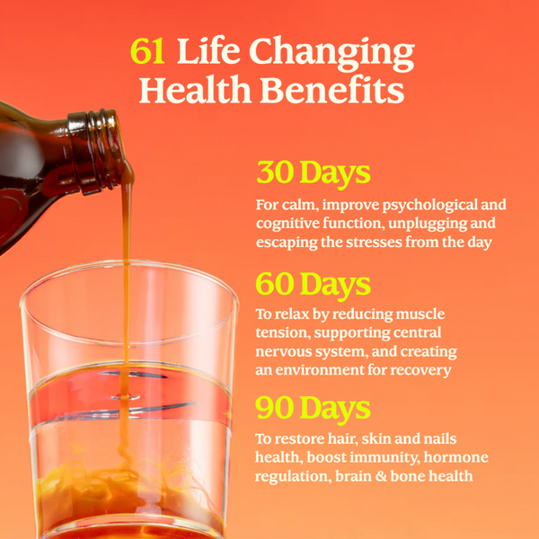 Bottle pouring liquid into a glass with health benefits text on an orange background
