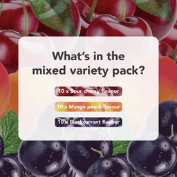 A promotional graphic for a mixed variety pack showing a semi-transparent white rounded rectangle in the center with the text 'What's in the mixed variety pack?' and three flavor callouts: 10 x Sour cherry flavour, 10 x Mango peach flavour, and 10 x Blackcurrant flavour. The background is a close-up collage of fresh fruits including red cherries, peaches, and dark plums.