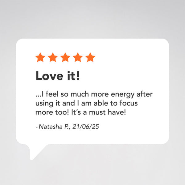 A five-star review graphic with the text 'Love it!' and a testimonial quote from Natasha P., dated 21/06/25, on a white rounded speech-bubble card against a light gray background.