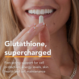 Person applying a skincare product with text about glutathione benefits.