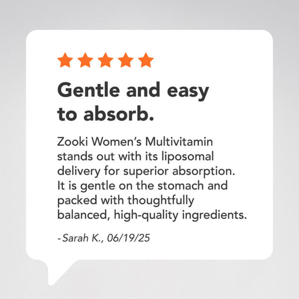 A white rounded speech-bubble style card on a light gray background with orange star icons and text reading 'Gentle and easy to absorb.' and a review quote attributed to Sarah K.