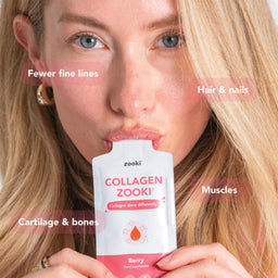 Woman holding a Zooki collagen supplement packet with text highlighting benefits.