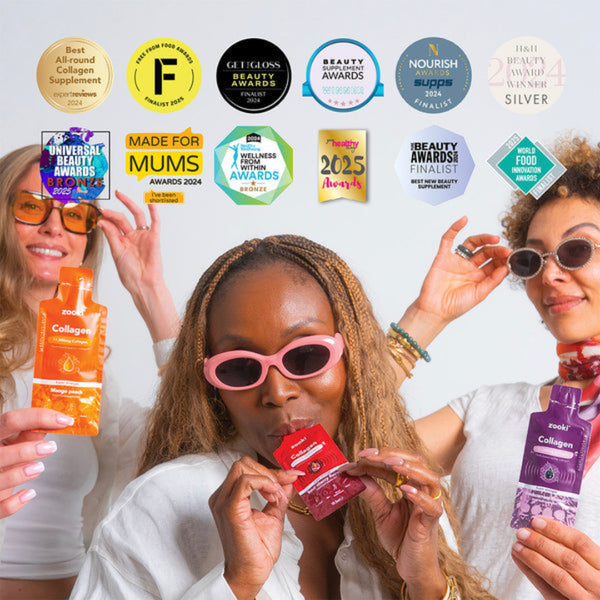 Three women holding various collagen supplement products with awards displayed above them.
