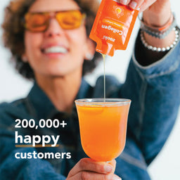 Person pouring a supplement into a glass with text about happy customers.