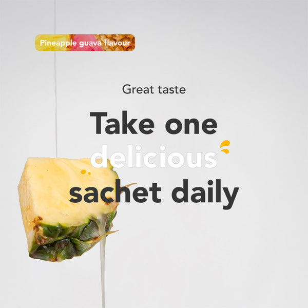 Pineapple guava flavored tea bag with text on a light gray background