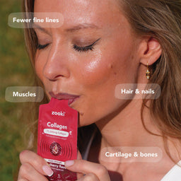 Woman holding a Zooki Collagen supplement with text highlighting benefits on a blurred natural background