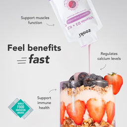 Zoku protein shake with berries and granola, labeled 'Feel benefits fast' on a gray background.