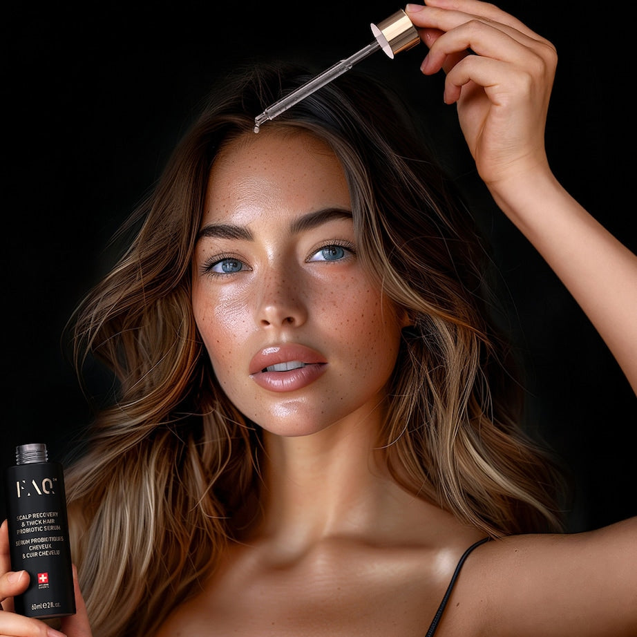 Woman holding a dropper and bottle with a dark background
