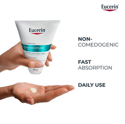 Eucerin Dermopure body care product being applied to a hand on a white background