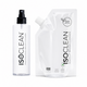 Isoclean professional makeup brush cleaner shown as a clear spray bottle with a black pump next to a white refill pouch labeled 'Isoclean Makeup Brush Cleaner Eco Refill'.