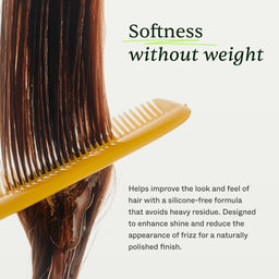 Hair product with comb and text about softness without weight on a white background