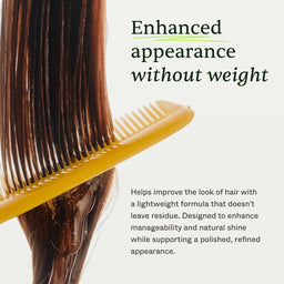 Hair product with comb and text about enhanced appearance without weight