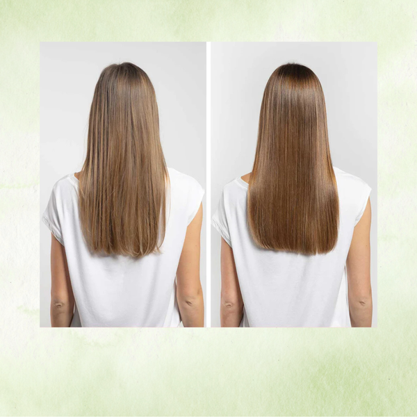 Before and after comparison of long, straight hair on a person wearing a white shirt.