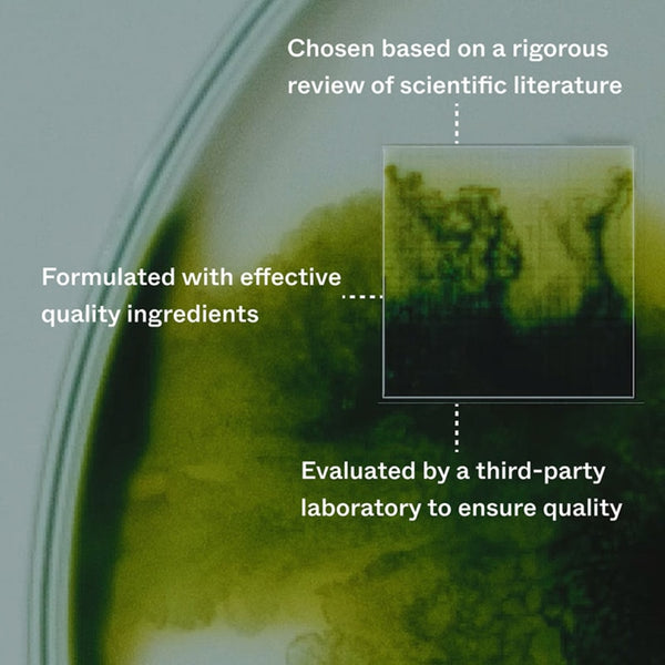 Bacterial culture plate with text about quality ingredients and third-party evaluation