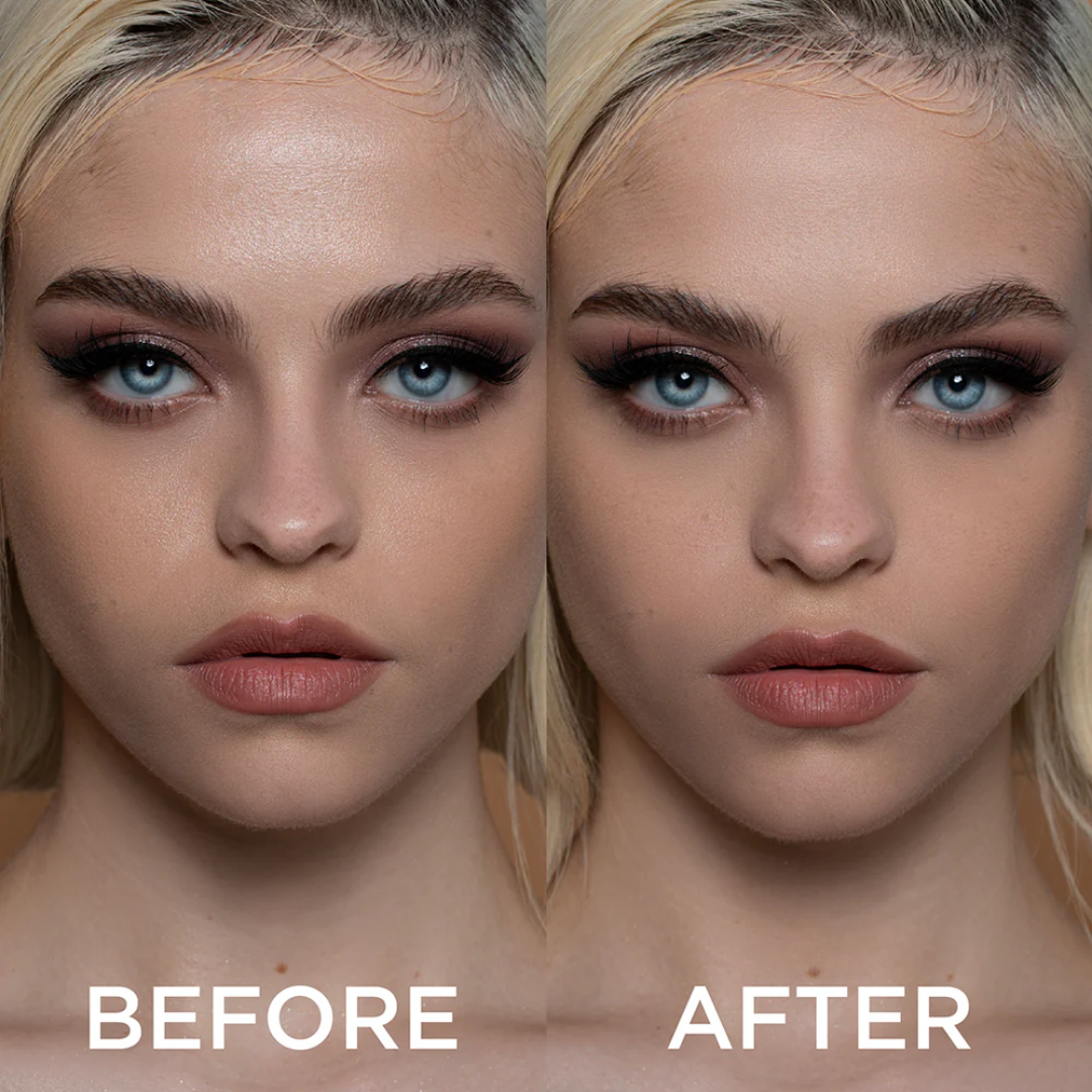 Before and after comparison of a woman's face with makeup application.