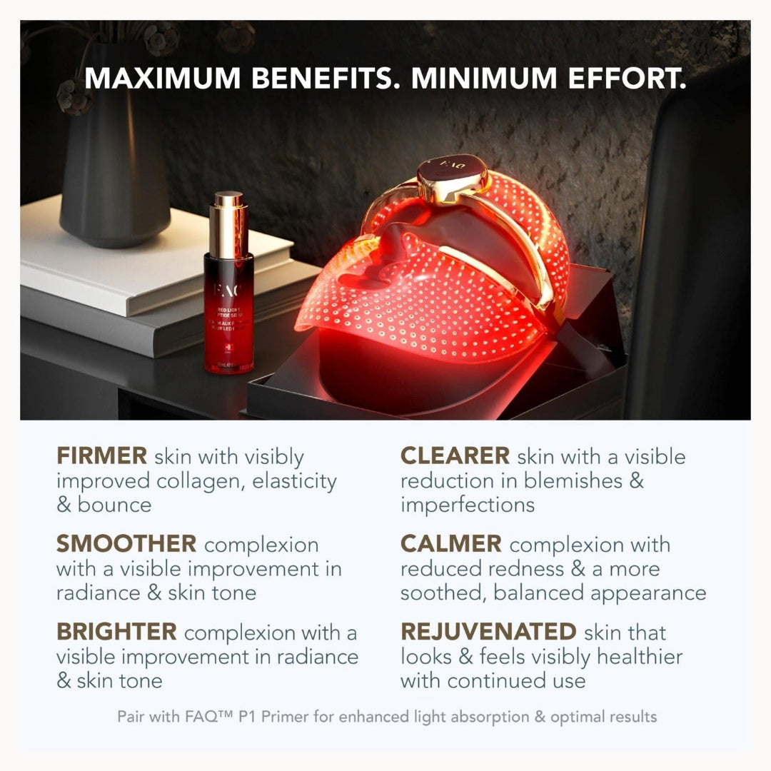 A promotional graphic for a red light therapy mask, showing the mask glowing red on a black surface next to a skincare bottle. The top text reads 'MAXIMUM BENEFITS.
