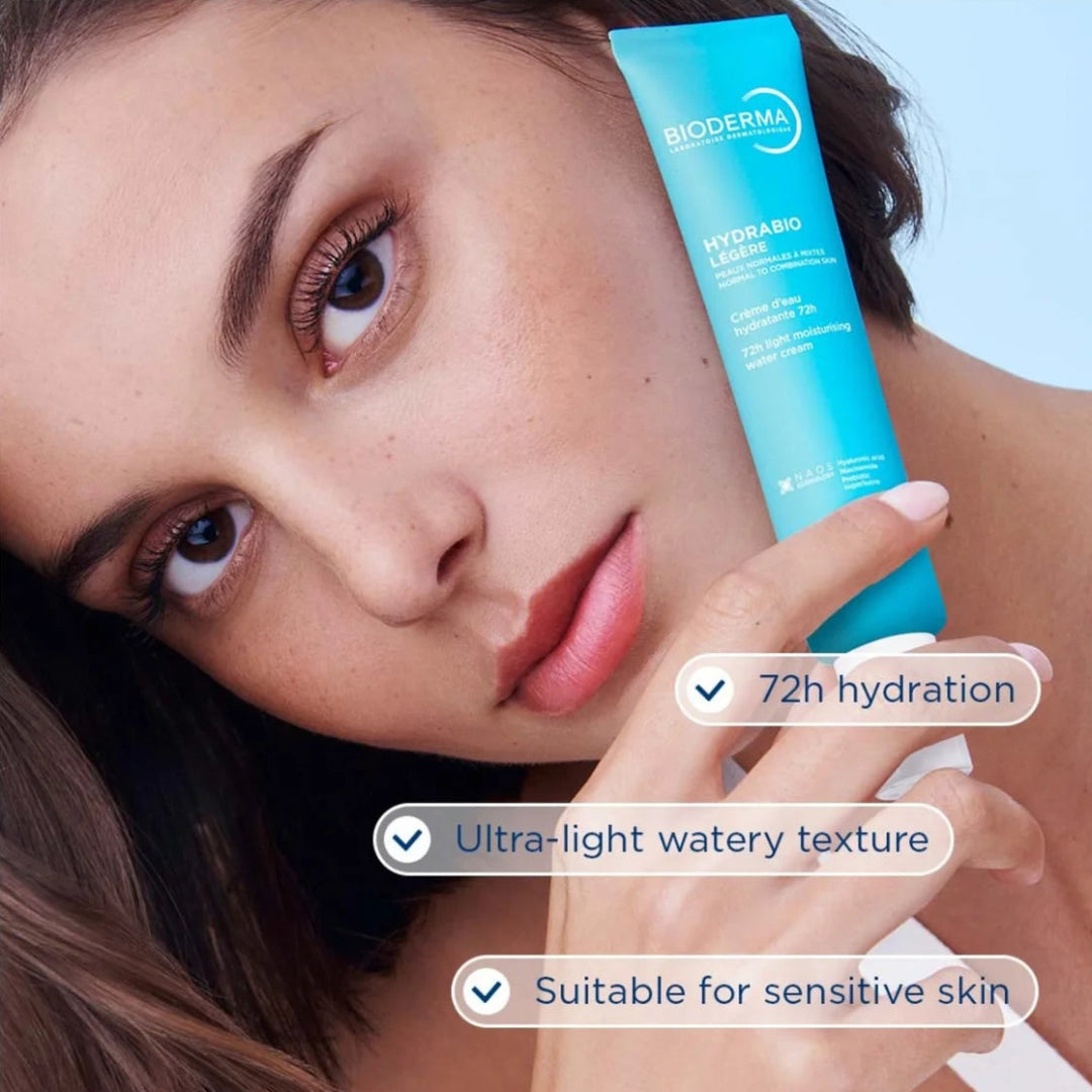 A close-up lifestyle shot of a woman holding a light blue tube of Bioderma Hydrabio moisturizer. The image features text overlays highlighting product benefits: '72h hydration', 'Ultra-light watery texture', and 'Suitable for sensitive skin'.