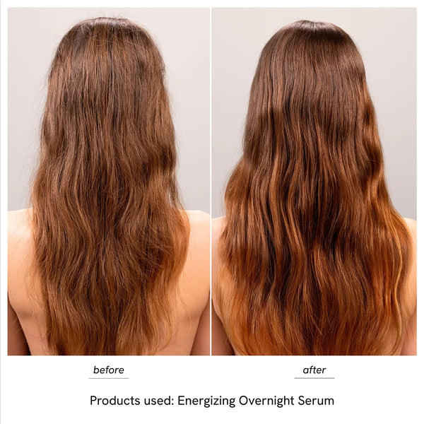 Before and after comparison of a woman's long wavy brown hair, showing frizzy, dry-looking hair on the left and smoother, shinier, more voluminous hair on the right. Text at the bottom reads 'before', 'after', and 'Products used: Energizing Overnight Serum'.